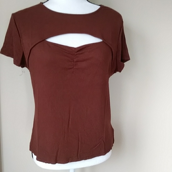 No Boundaries Tops - No Boundaries Peek A Boo Ribbed Look Top Junior XL (15-17) Brown